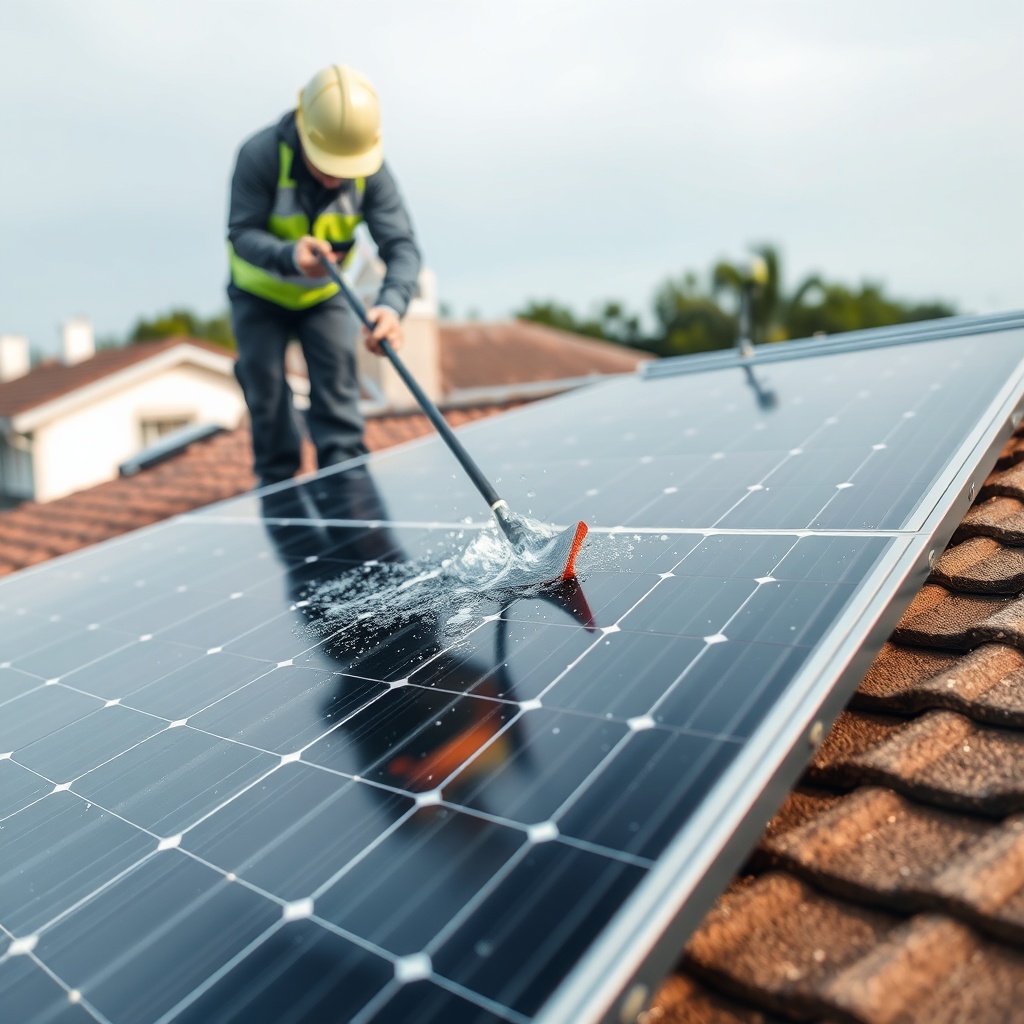 A photorealistic image of a technician cleaning a Jinko Solar Tiger Neo 460W panel on a re