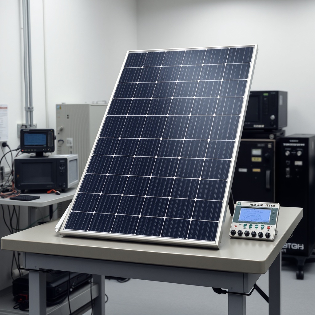 <clean photorealistic photo of a Jinko Solar Tiger Neo 460W panel on a test bench with RF