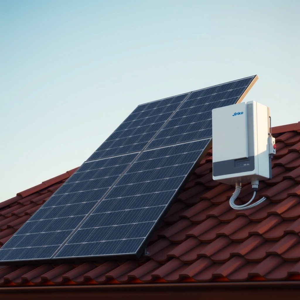 A photorealistic photo of Jinko Solar Tiger Neo 460W panels installed on a residential til