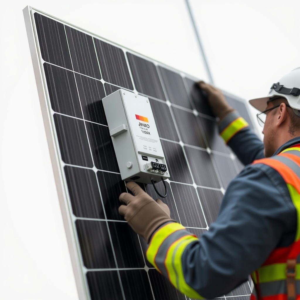 A photorealistic photo of a close-up of a Jinko Solar Tiger Neo 460W panel showing the jun