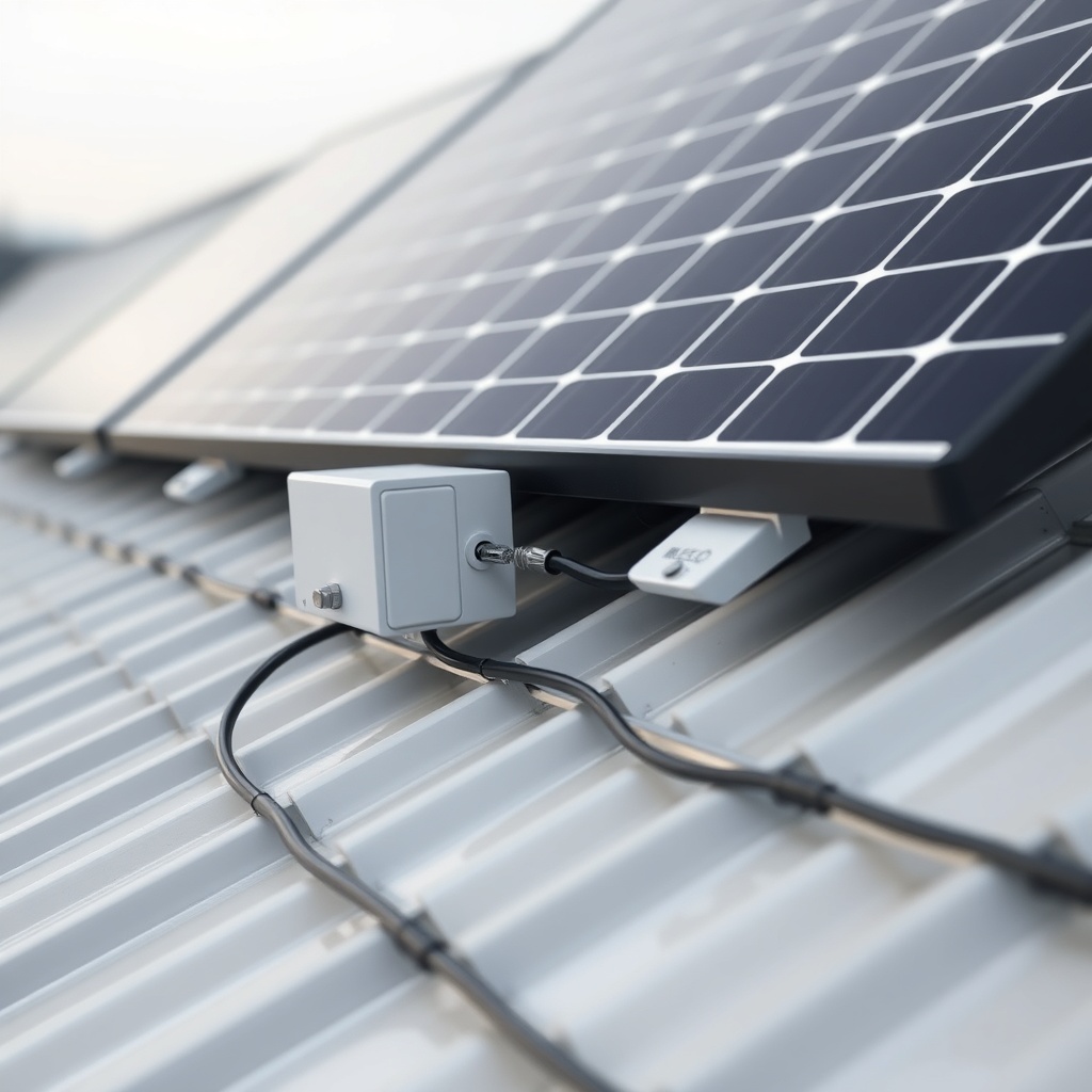 Photorealistic close-up of a cleanly installed Jinko Solar Tiger Neo 460W on a metal roof