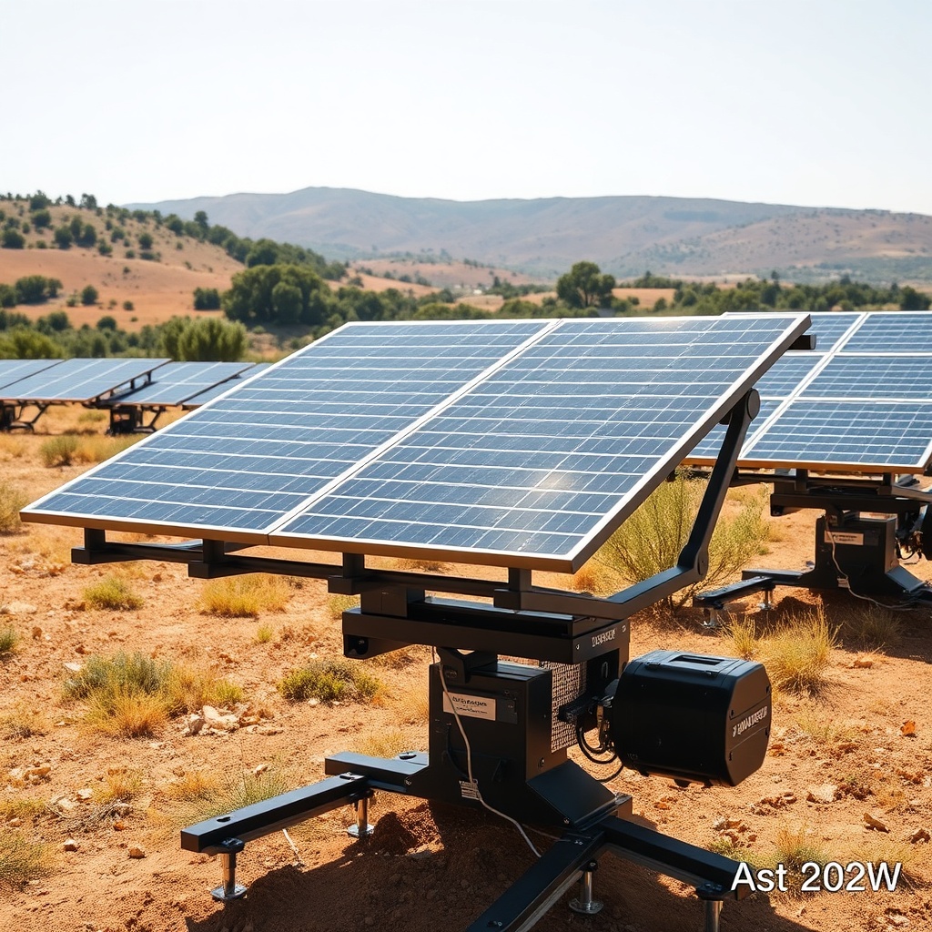 <clean photorealistic photo of Jinko Solar Tiger Neo 460W panels on a 2-axis tracker syste