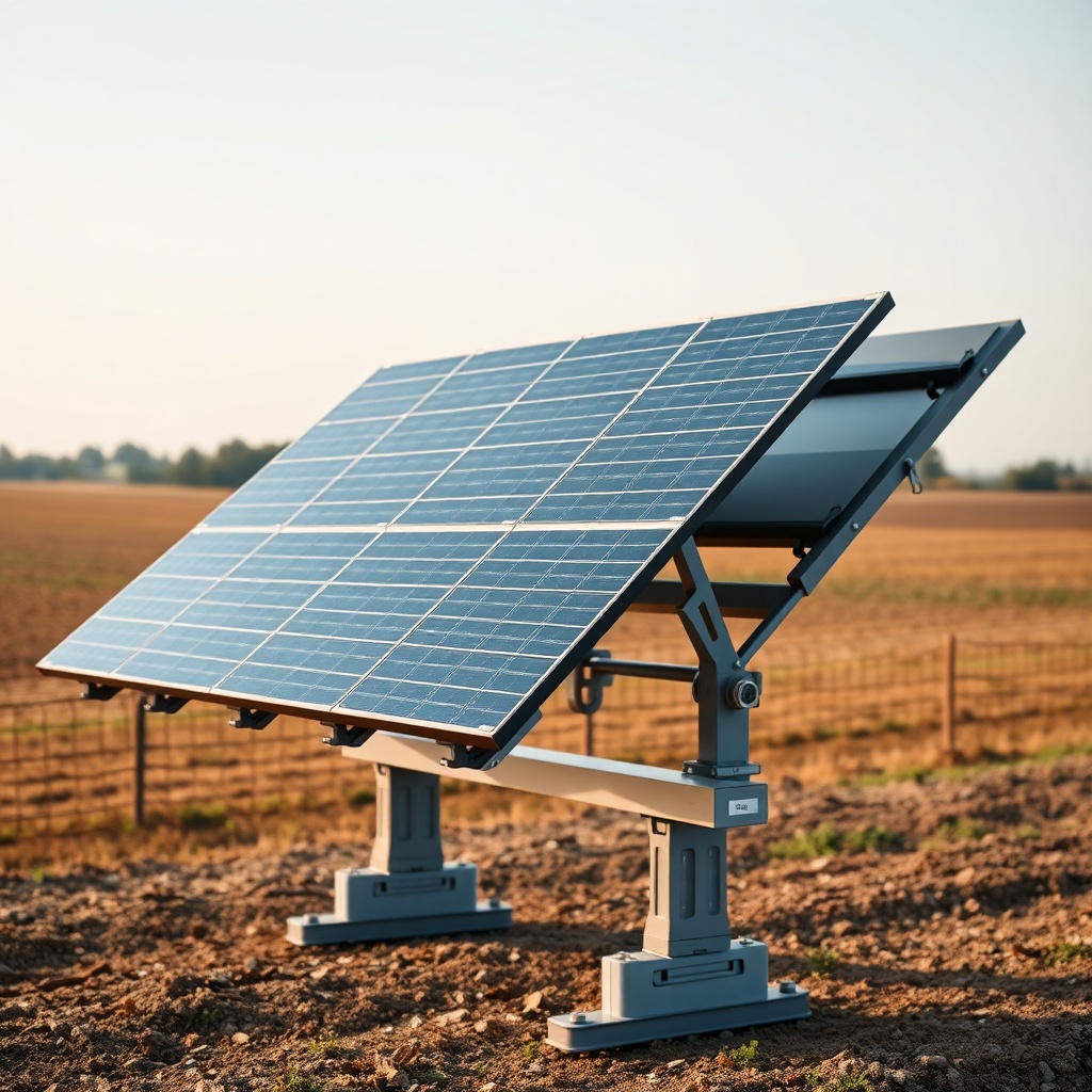 <clean photorealistic photo of Longi Hi-MO 6 455W panels on a two-axis tracker with a farm