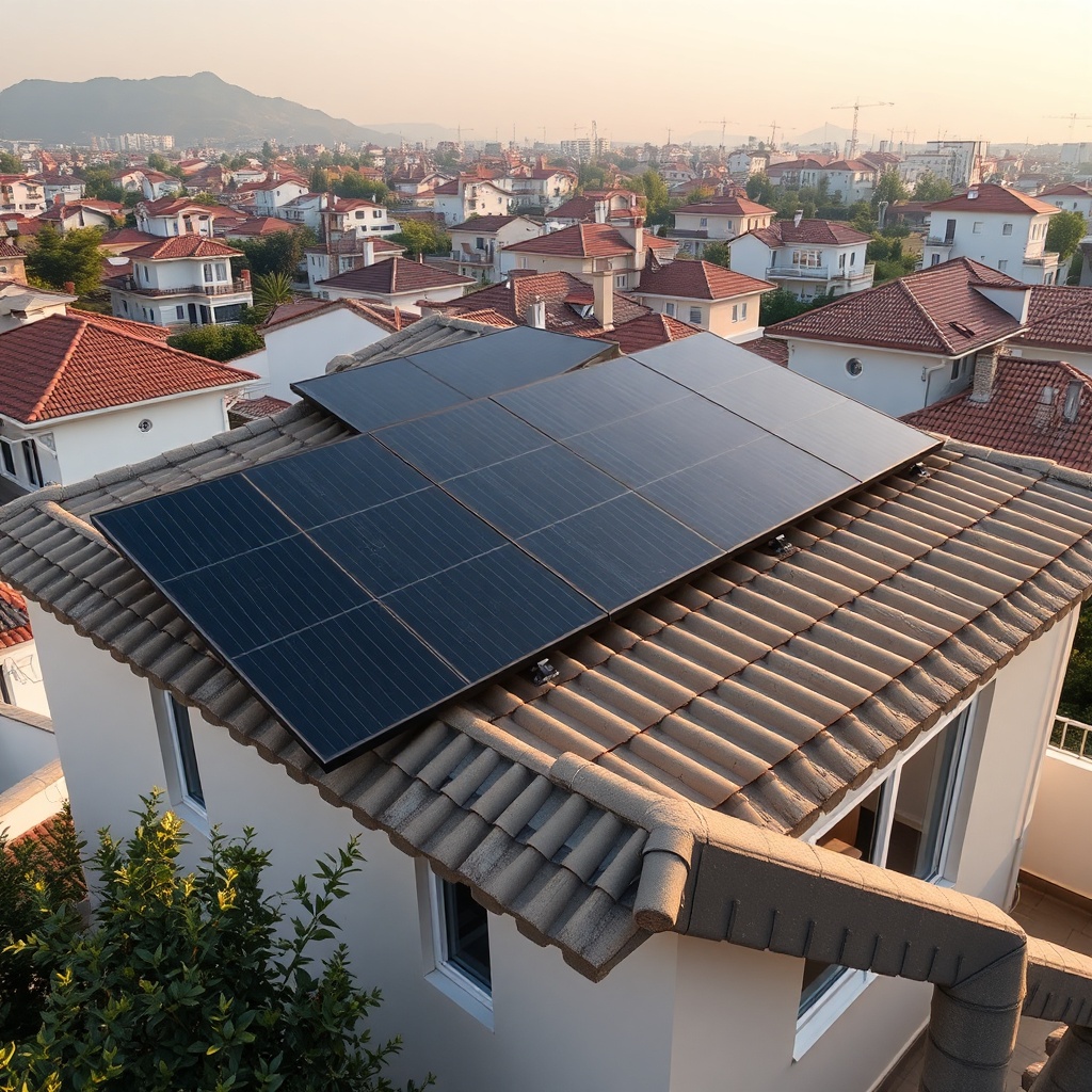 photorealistic installation of Jinko Solar Tiger Neo 460W panels on a residential roof in