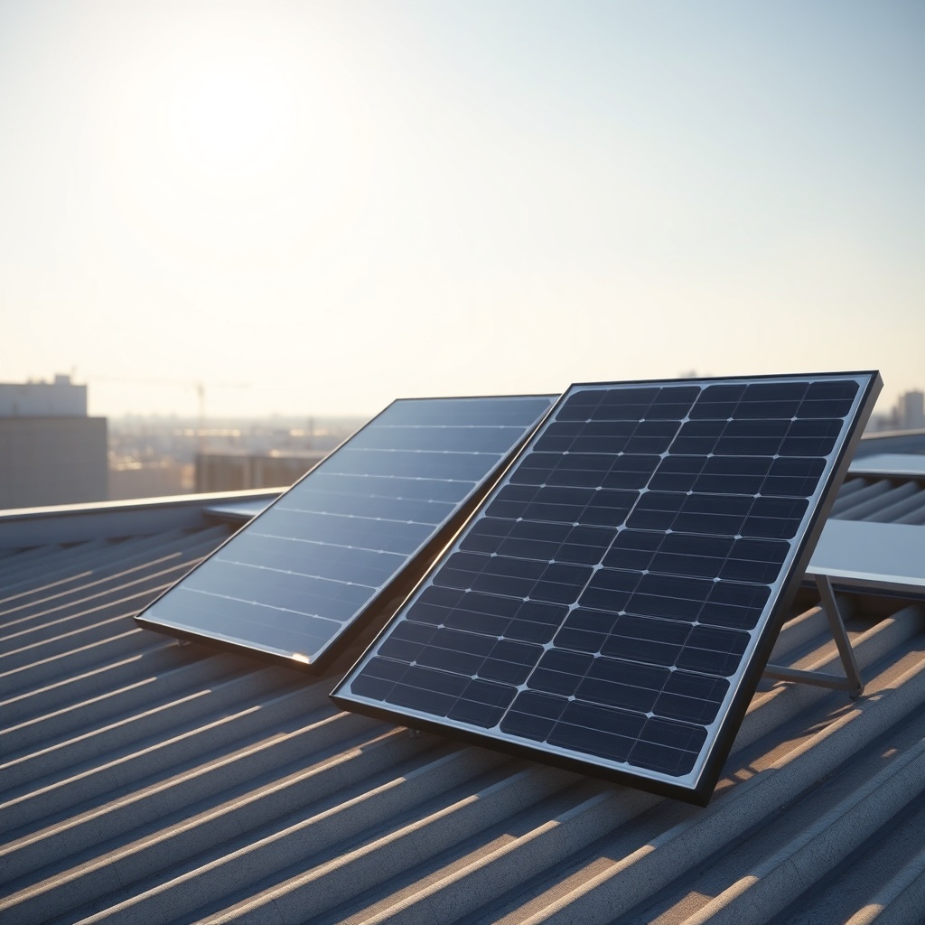<two solar panels on a rooftop under bright sunlight