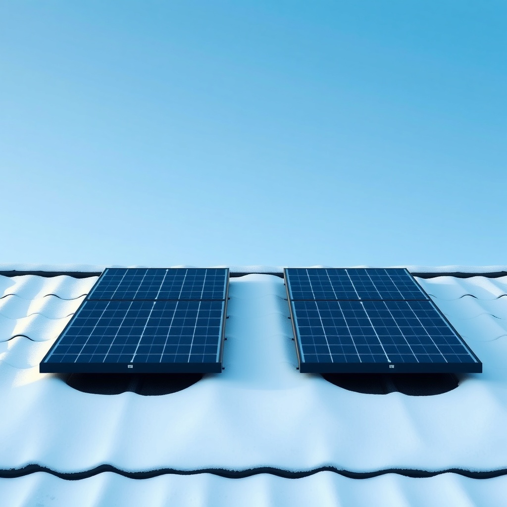 <snow-covered solar panels on a roof with clear blue sky