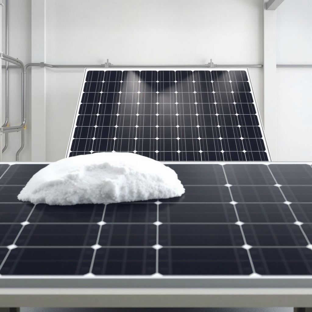 <clean photorealistic photo/illustration of a solar panel being tested with wind simulatio