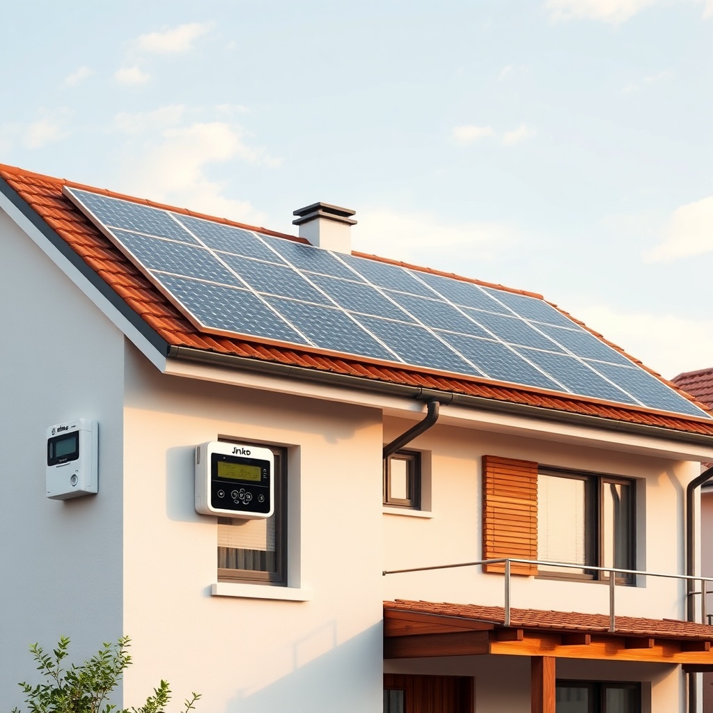 Photorealistic photo of a modern Turkish home with Jinko Solar Tiger Neo 460W panels on th