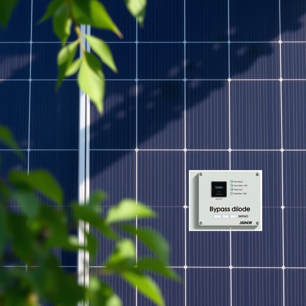 Photorealistic photo of a Jinko Solar Tiger Neo 460W panel partially shaded by a tree bran