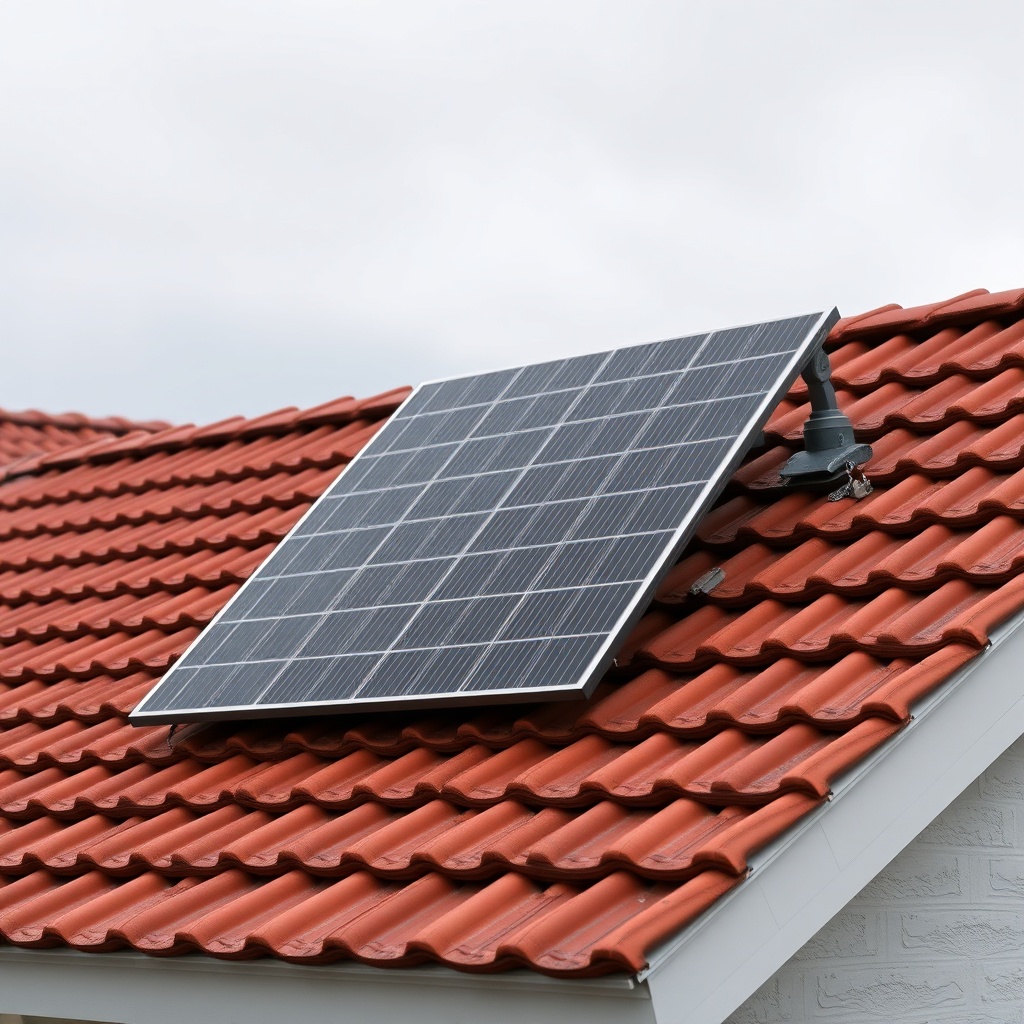 A photorealistic shot of a Jinko Solar Tiger Neo 460W panel installed on a residential til