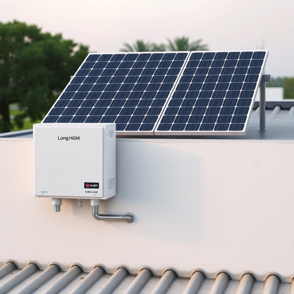 A clean photorealistic photo of Longi Hi-MO 6 455W panels installed on a rooftop with an i