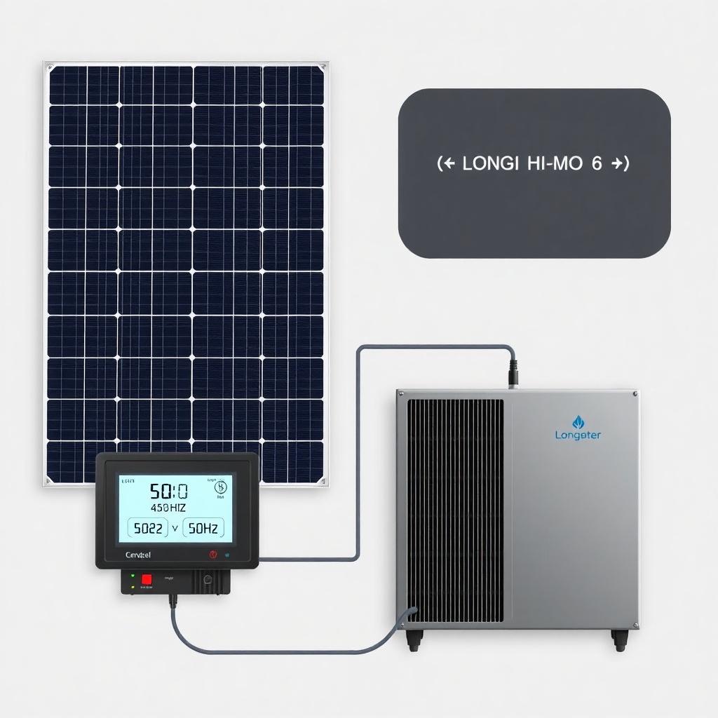 A photorealistic illustration showing a Longi Hi-MO 6 455W panel connected to both a 50Hz