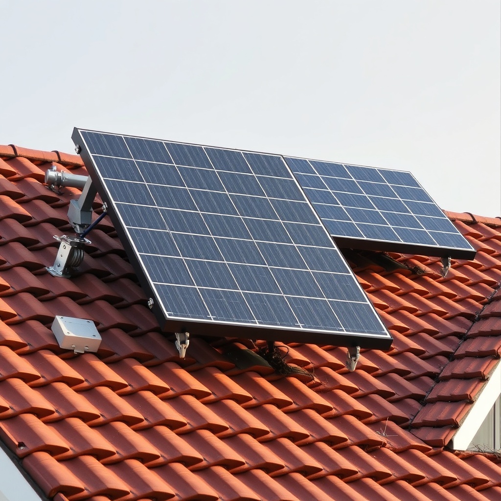 <clean photorealistic photo of Longi Hi-MO 6 455W panels mounted on a residential tiled ro