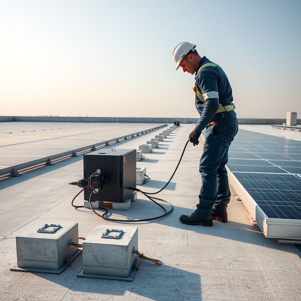 <clean photorealistic photo of a technician installing Longi Hi-MO 6 455W on a flat concre