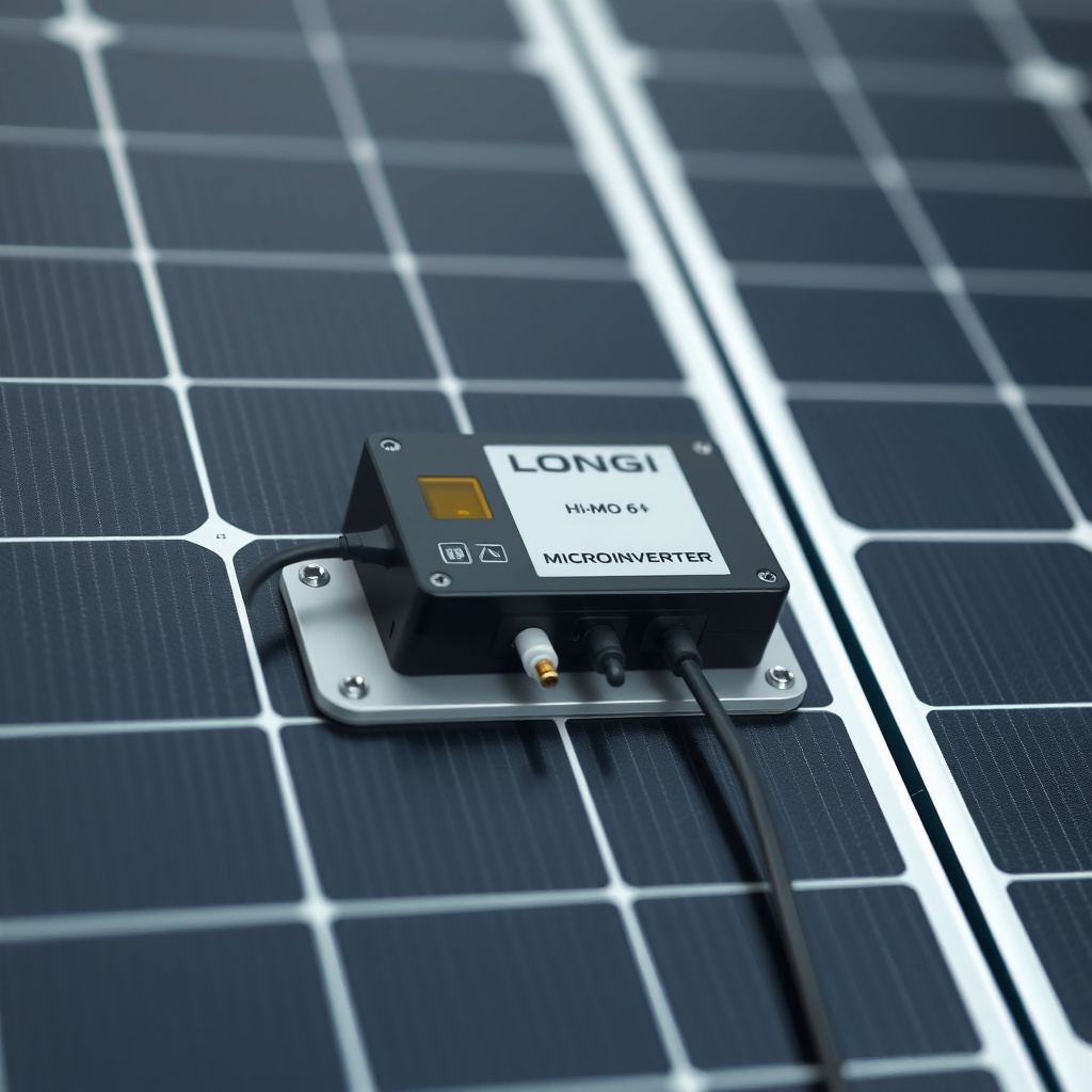 <clean photorealistic photo of a close-up of a microinverter installation on a Longi Hi-MO
