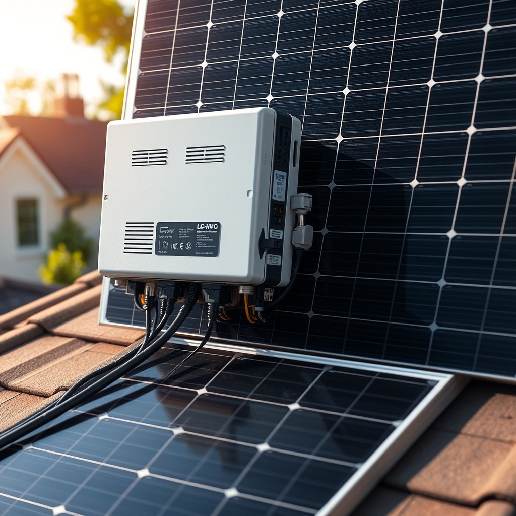 A close-up photorealistic photo of a microinverter being connected to the back of a Longi