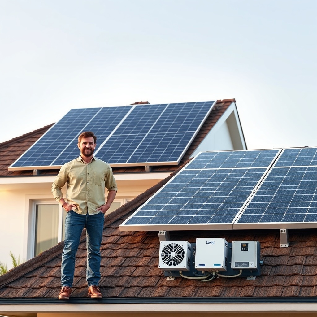 A photorealistic illustration of a homeowner standing next to a roof with Longi Hi-MO 6 45