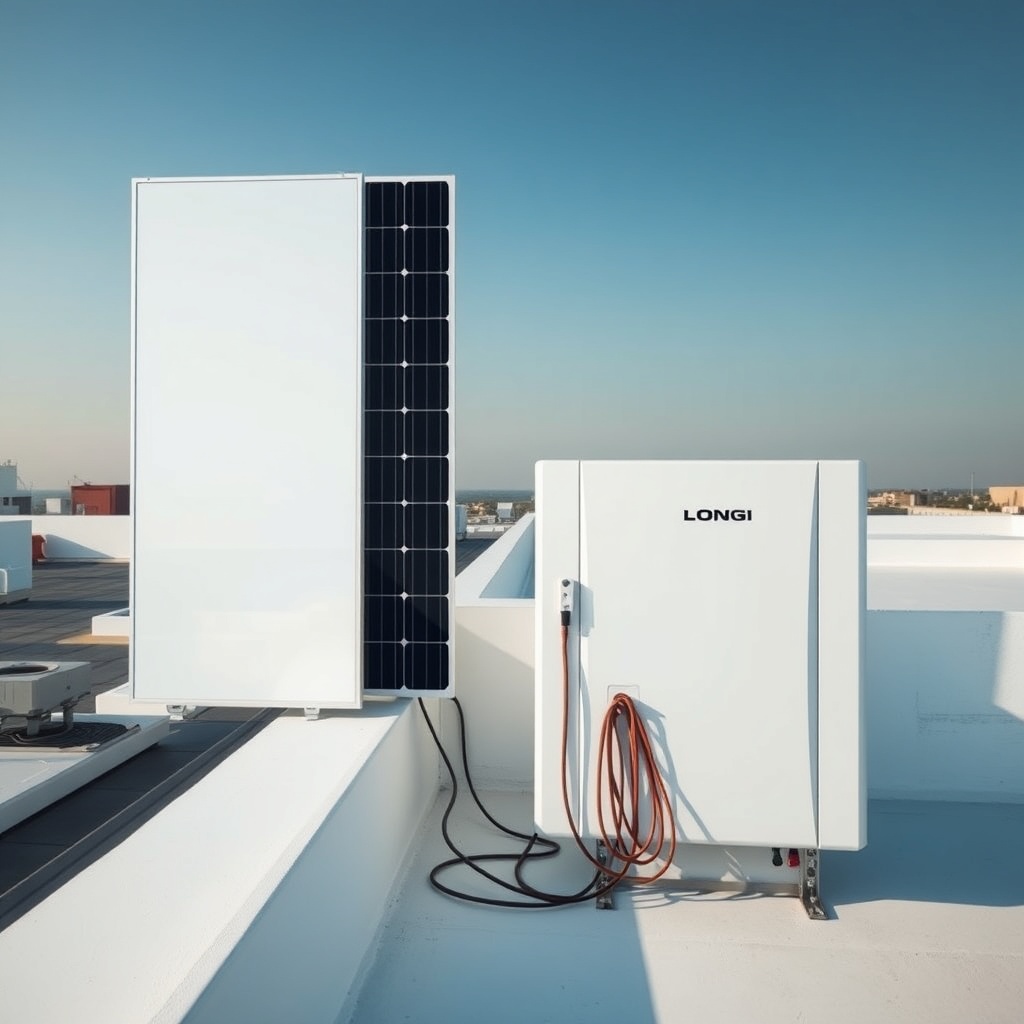 A clean photorealistic photo of a Longi Hi-MO 6 455W panel connected to a modern inverter