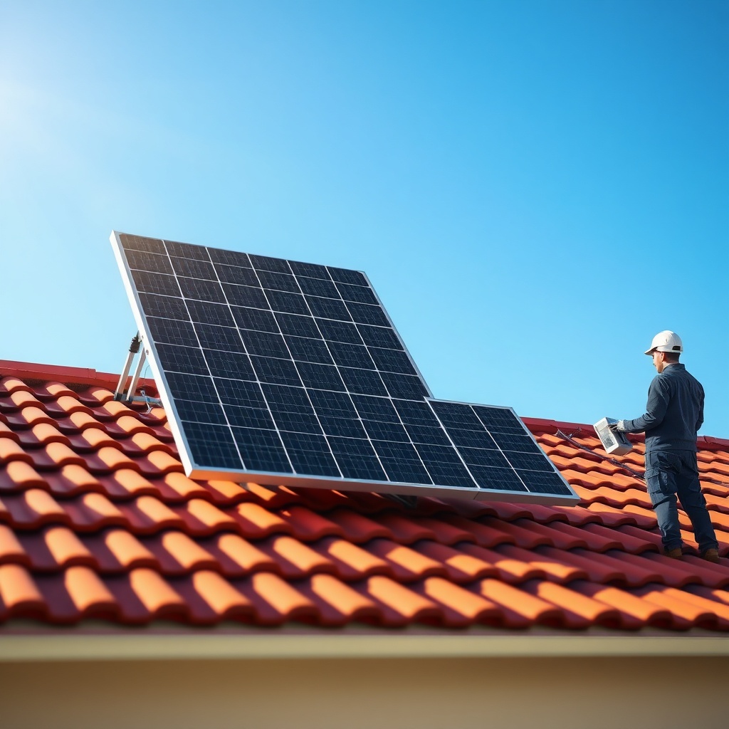 <clean photorealistic photo of Longi Hi-MO 6 455W panel installed on a red-tiled roof unde