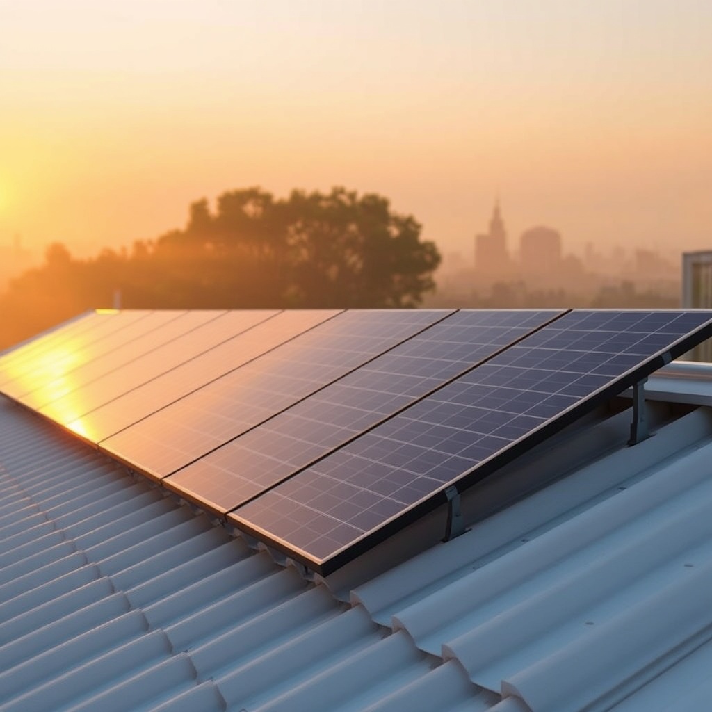 <clean photorealistic photo of a solar panel array on a roof during sunrise