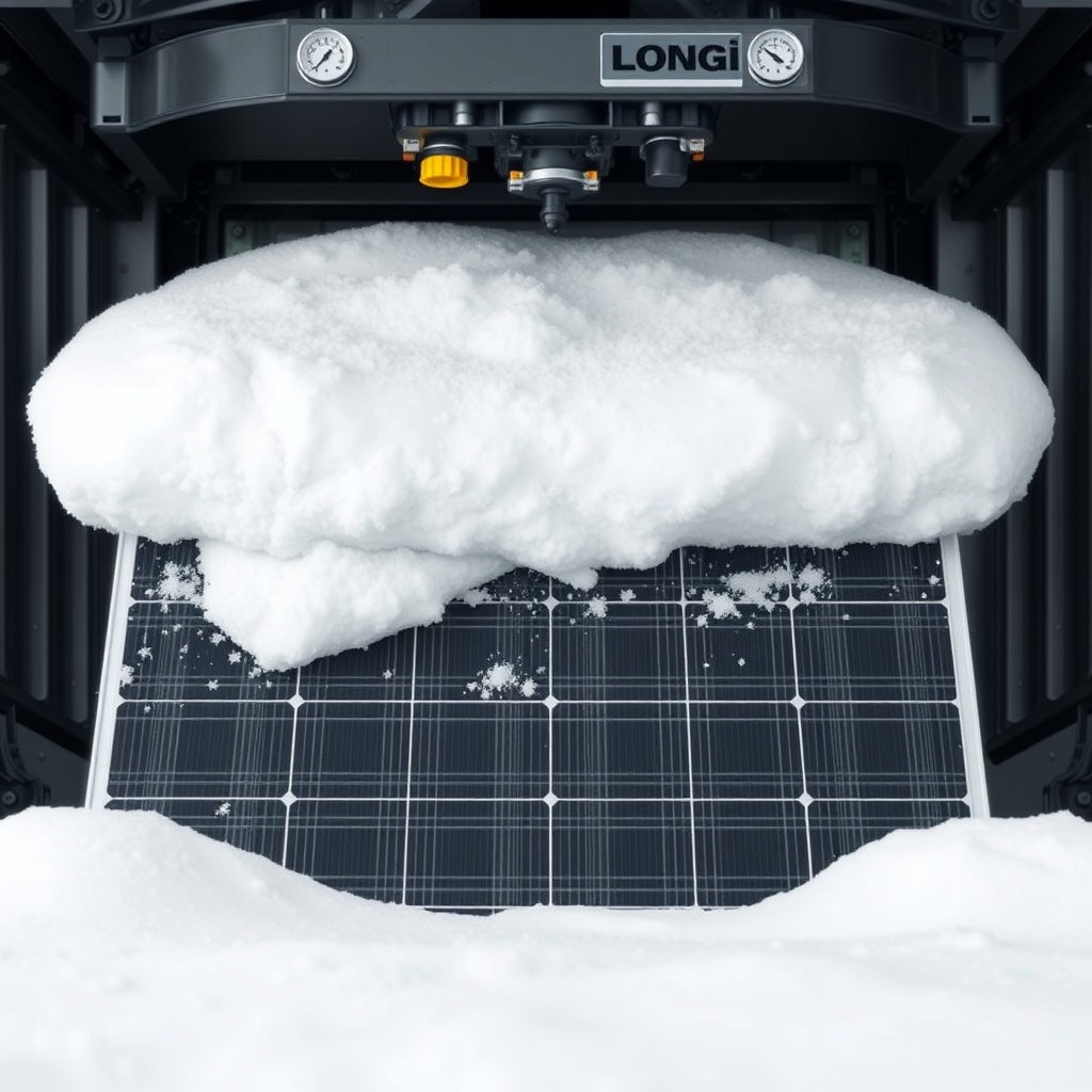 A photorealistic close-up of a Longi Hi-MO 6 455W panel being tested under a snow load sim