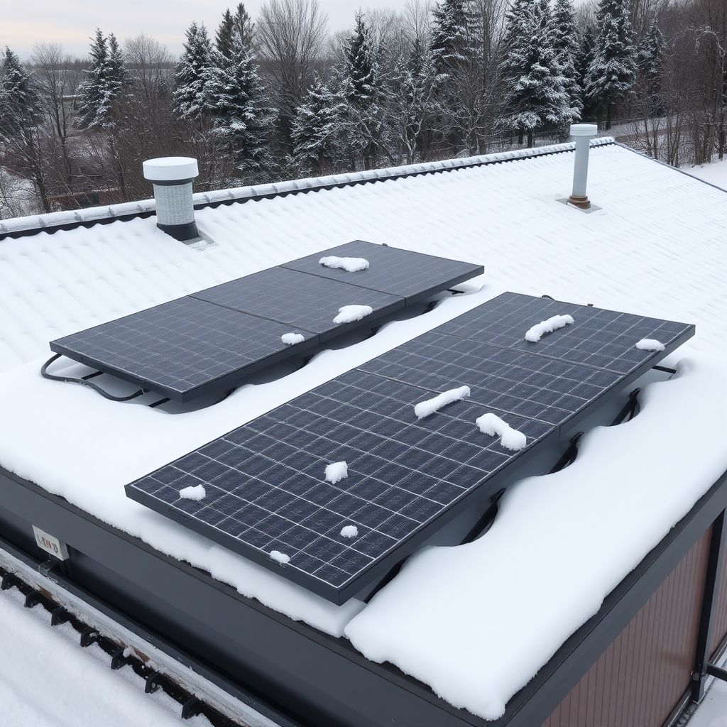 A photorealistic wide shot of multiple Longi Hi-MO 6 455W panels installed on a snowy roof