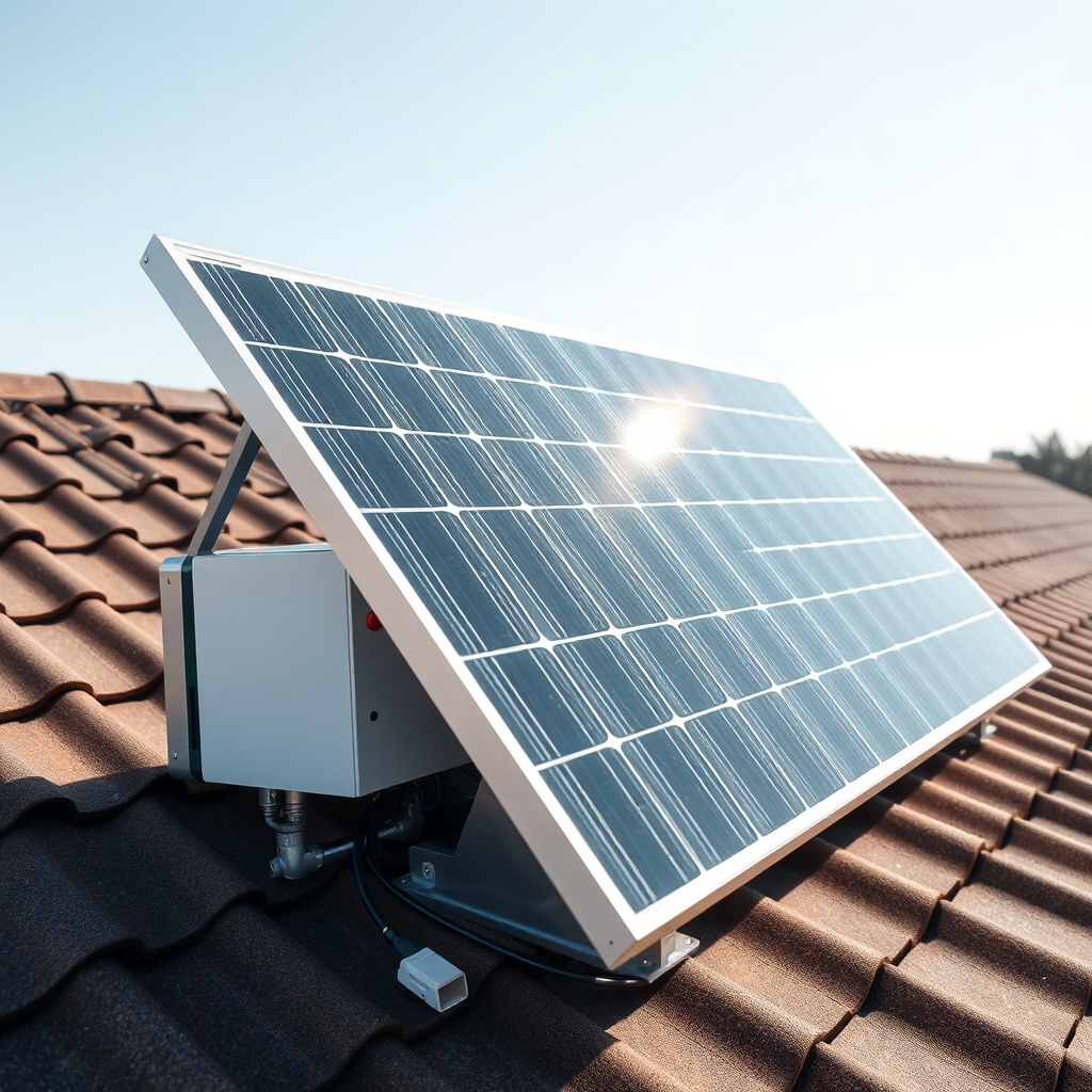 A clean photorealistic close-up of a Longi Hi-MO 6 455W solar panel mounted on a roof